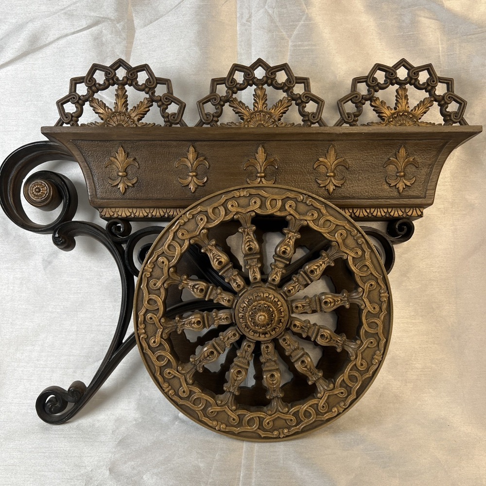 Vtg‎ 1971 3D Flower Cart MCM Hollywood Regency Gold Burwood Wall Plaque Planter